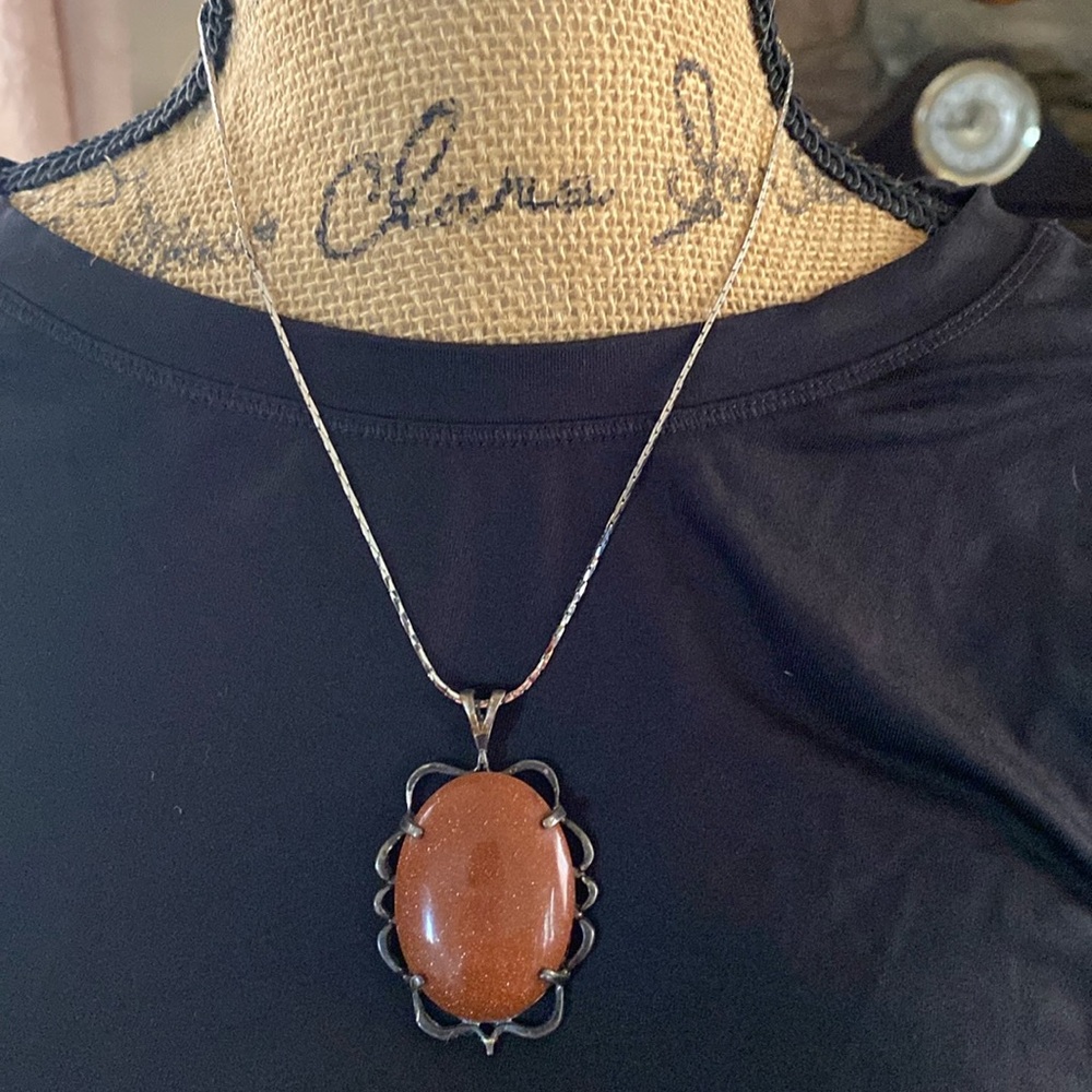 Brown goldstone pendant with sterling silver necklace